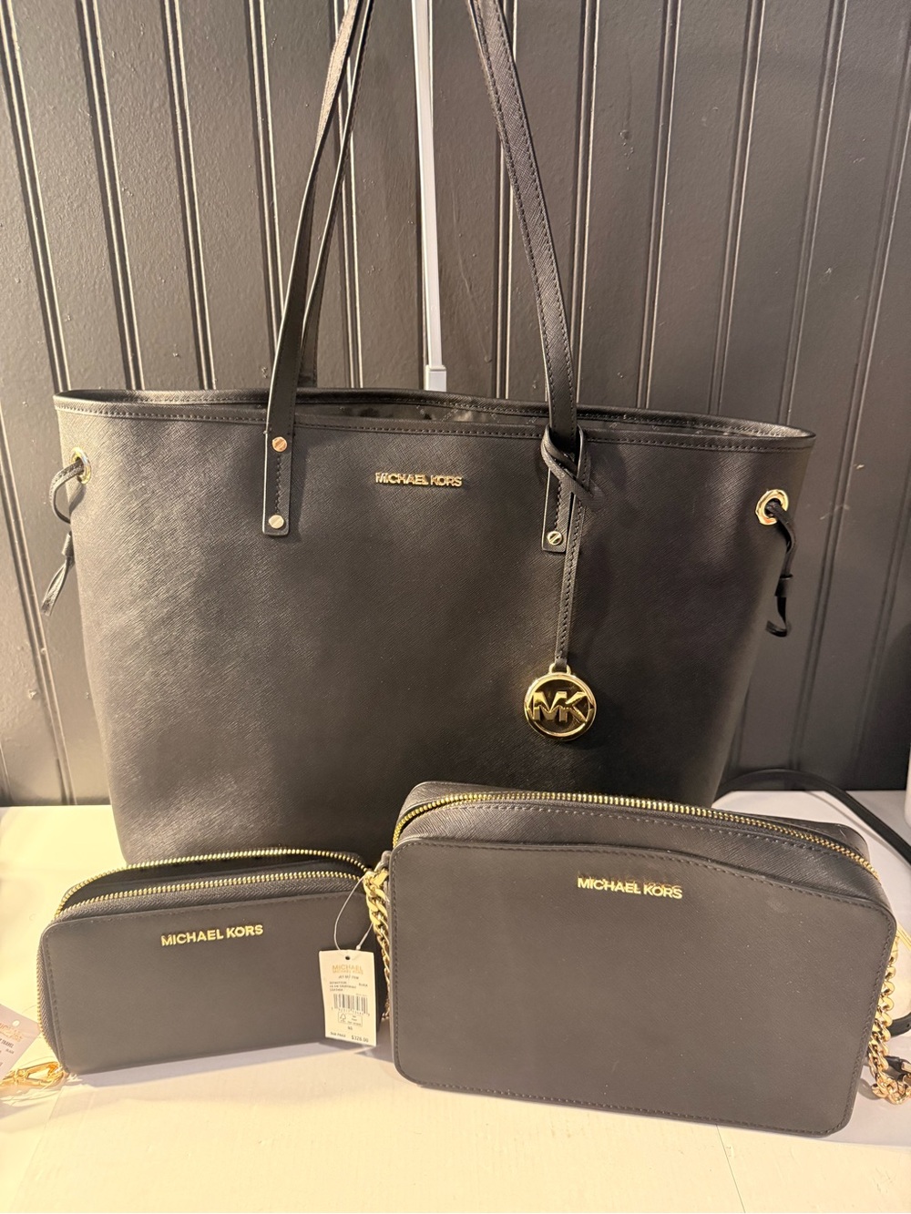Michael Kors Black Saffiano Leather Tote with Crossbody purse and wallet